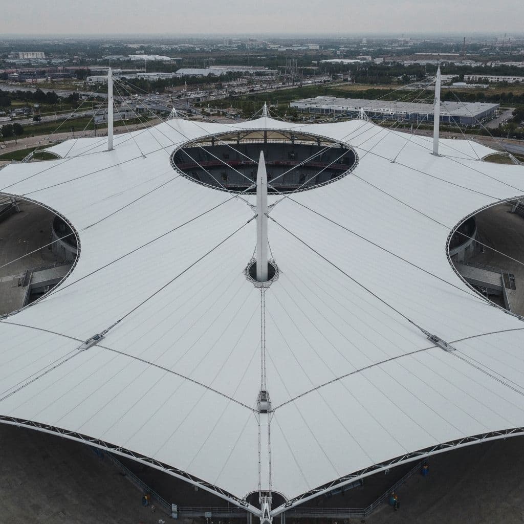 Tensile fabric stadium roof with dramatic architecture