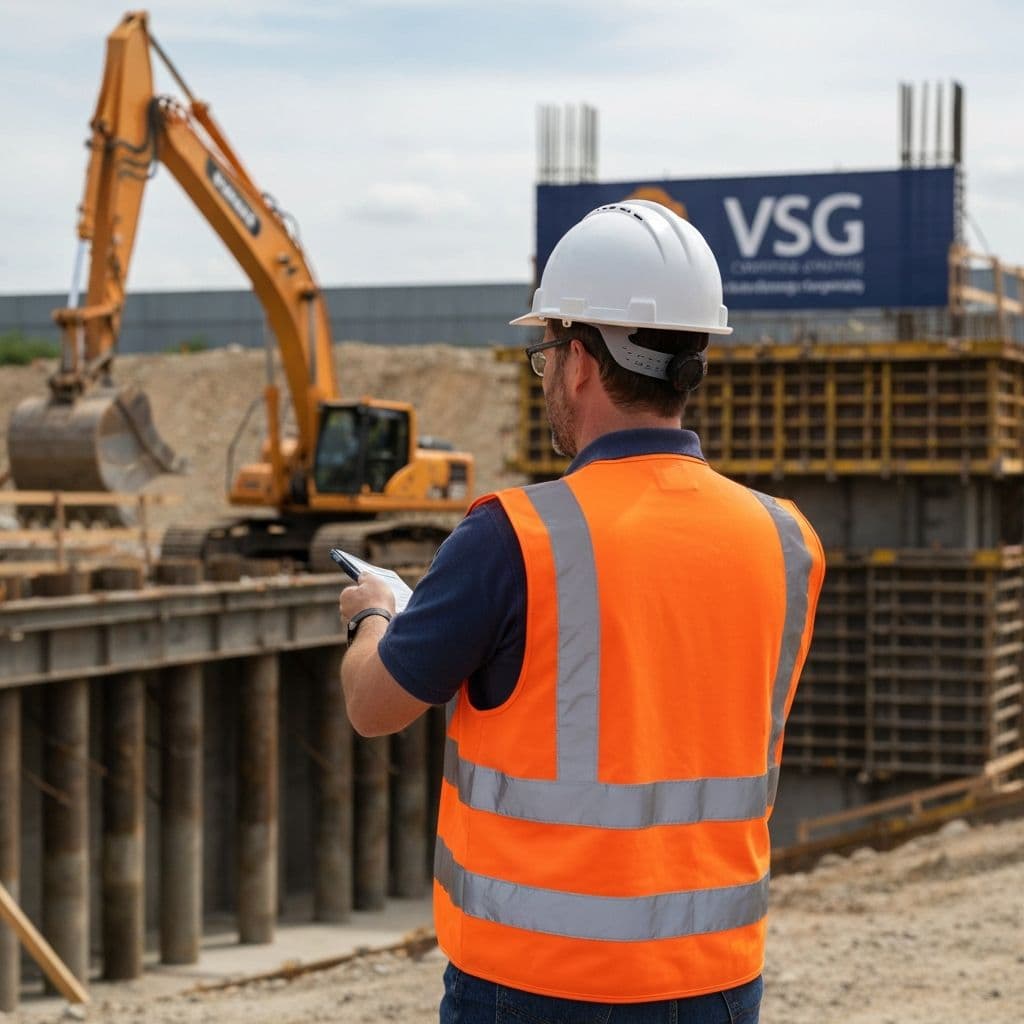 Construction site quality assurance inspector with white hard hat and high-visibility vest performing site inspection